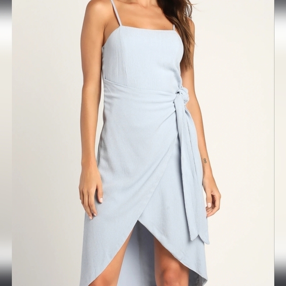Lulus Stay Sunny Light Blue Faux Wrap Tie Midi Dress Sleeveless Overlap Skirt L - Picture 2 of 11